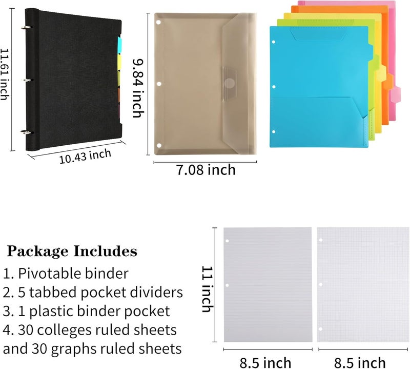 Tashkummy Pivotable Refillable Notebook, 3 Ring Binder Notebooks 1 Inch, Notebook with Dividers and Pockets, Folder Notebook, Flexible Binder, Soft Binders 3 Ring, Foldable Binder- Black - Image 4